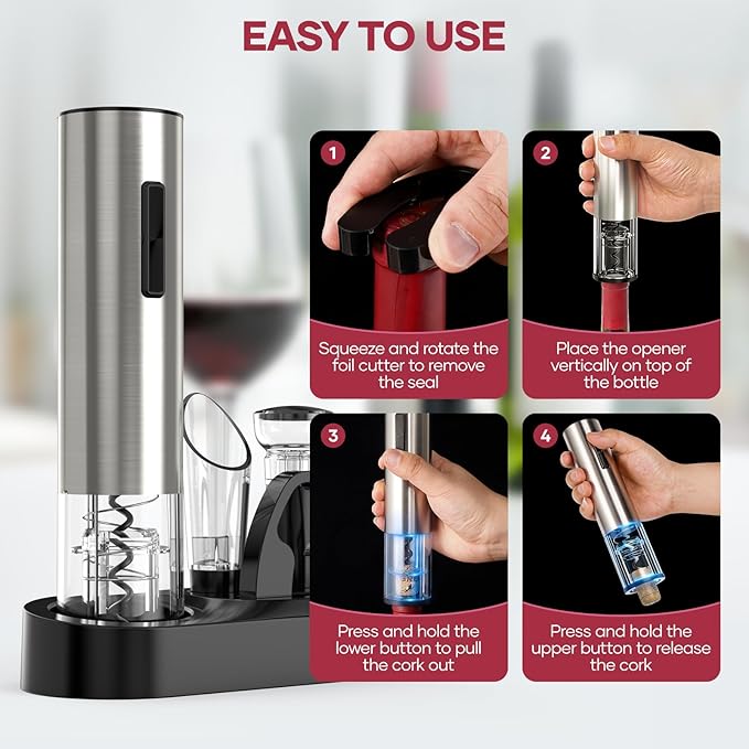 Electric Wine Opener,Rechargeable Automatic Wine Opener Corkscrew Opener Set With Wine Stopper, Foil Cutter, Wine Aerator,Storage Base & USB-C Cable Christmas Gifts for Wine Lovers