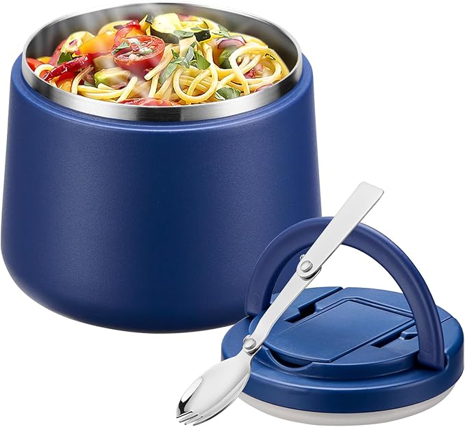 Soup Thermo for Hot Food Kids 14oz Lunch Containers with Buckle Lid Wide Mouth Hot Food Jar Vacuum Insulated Stainless Steel Bento Box Leakproof with Spoon(Blue)