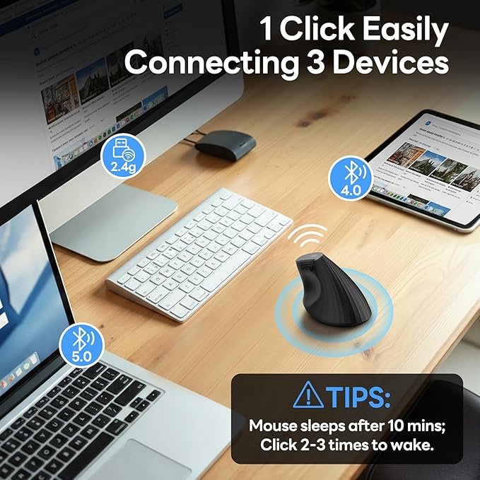 Uineer Ergonomic Wireless Mouse,Bluetooth Vertical Mouse with BT5.0/4.0/2.4G, Rechargeable with Battery Indicator,Ergonomic Design for Comfort and Reduced Wrist Strain for Home,Office Use,Black