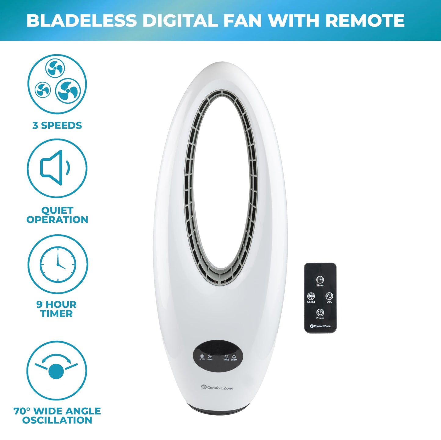 Comfort Zone 28-Inch Oscillating Bladeless Tower Fan With Remote Control, 3 Speeds, 70 Oscillation, Portable Tower Fan With 9-Ho