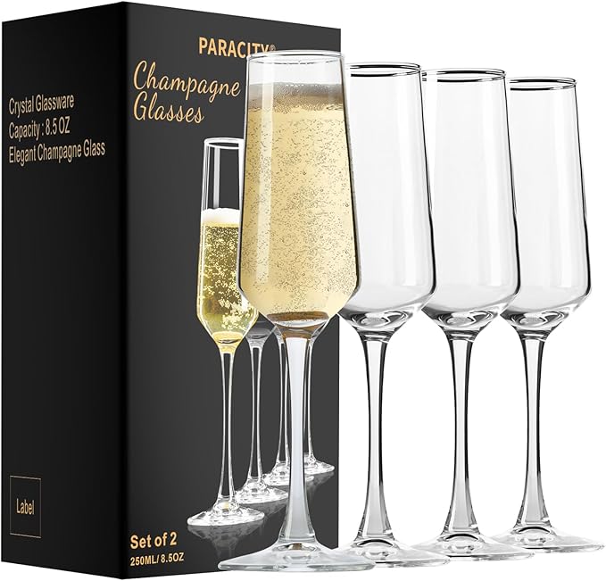 PARACITY Champagne Flutes, Champagne Glasses Set of 4, Elegant 8.5oz glass champagne flutes, Gift for Birthday, Wedding, C...