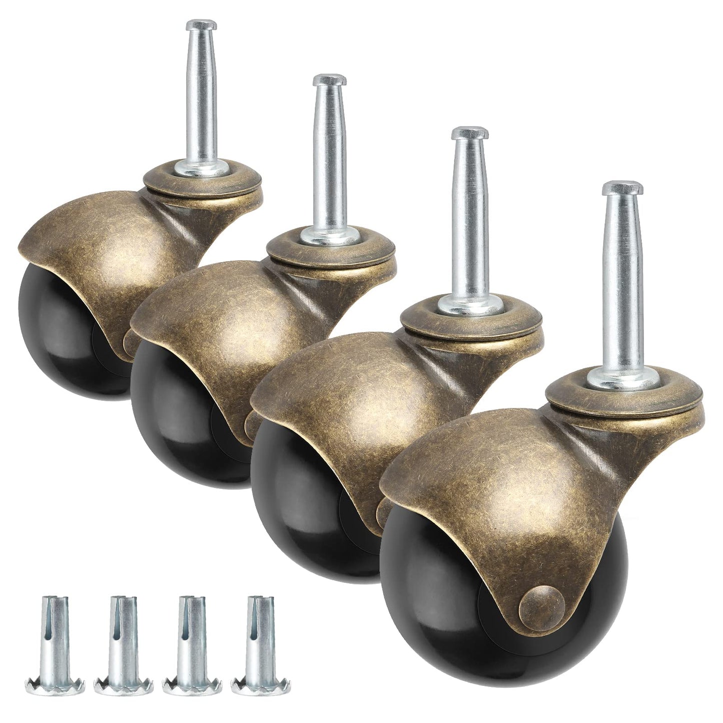 Brass Vintage Antique 2" Ball Caster Wheels - Set of 4 Heavy Duty, 5/16" x 1 1/2" (8 x 38mm) Wheels with Sleeve for Furniture, Chairs, Cabinets