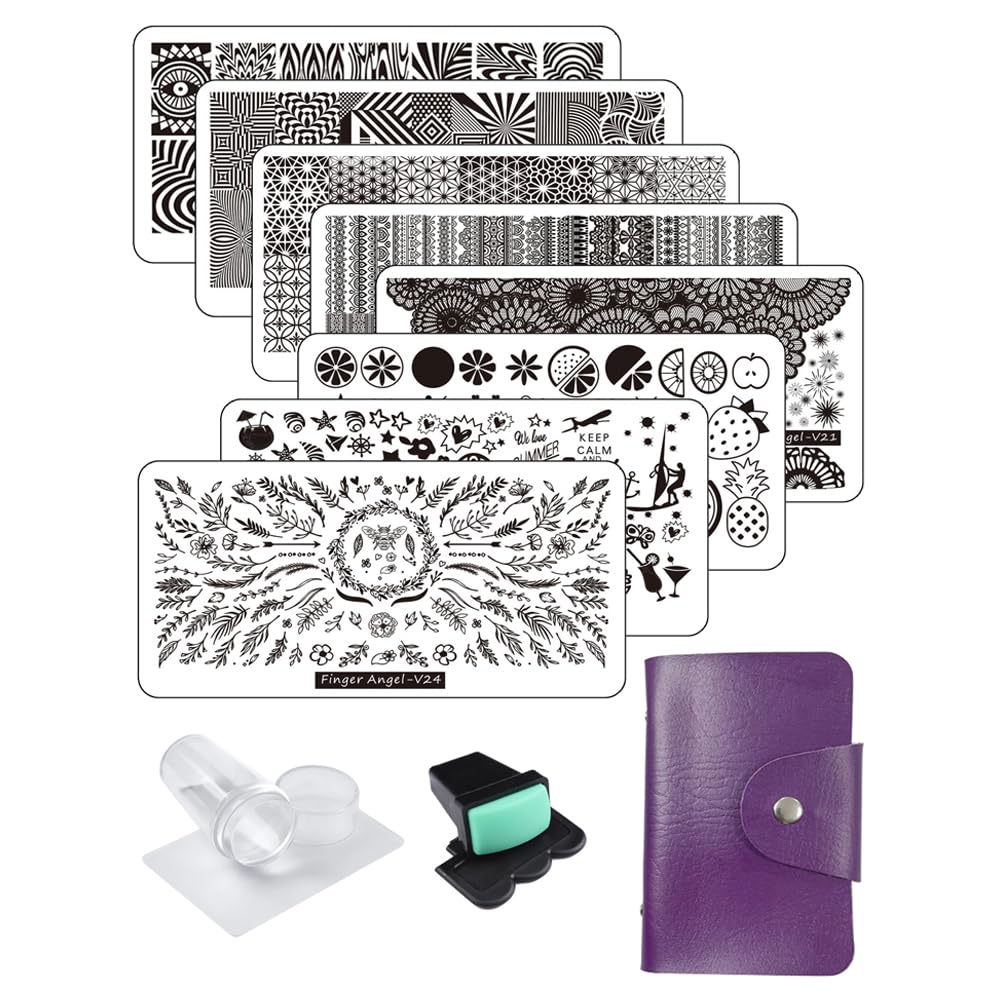 FingerAngel 8pcs Nail Stamp Plates + Nail Stamper with Scraper+ 1 Pcs storage bag Nails Art Stamping Plate Scraper Stamper Set L
