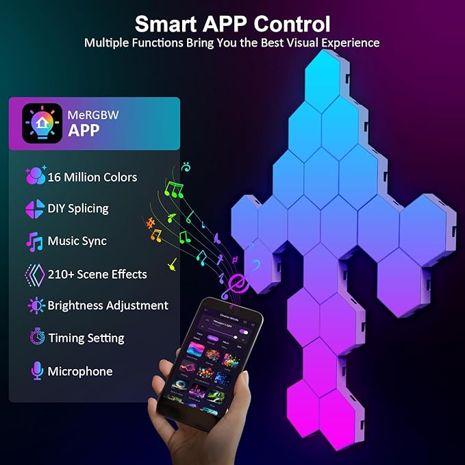 OJQ 12 Pack Hexagon Lights Wall RGB Panel - Hexagonal Led Lights Room Decor Wall Lights Smart APP Music with Sync Honeycomb Shape Panels Hexagon Gaming Lights for Bedroom Children