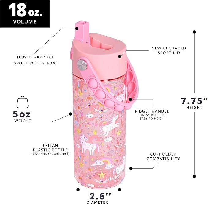 Elemental Leak Proof Water Bottles for Kids - Splash Kids Water Bottle for School with Fun Fidget Pop-it Handle - BPA Free Tritan Plastic Reusable Water Bottle with Straw - Pink Unicorn - 18oz