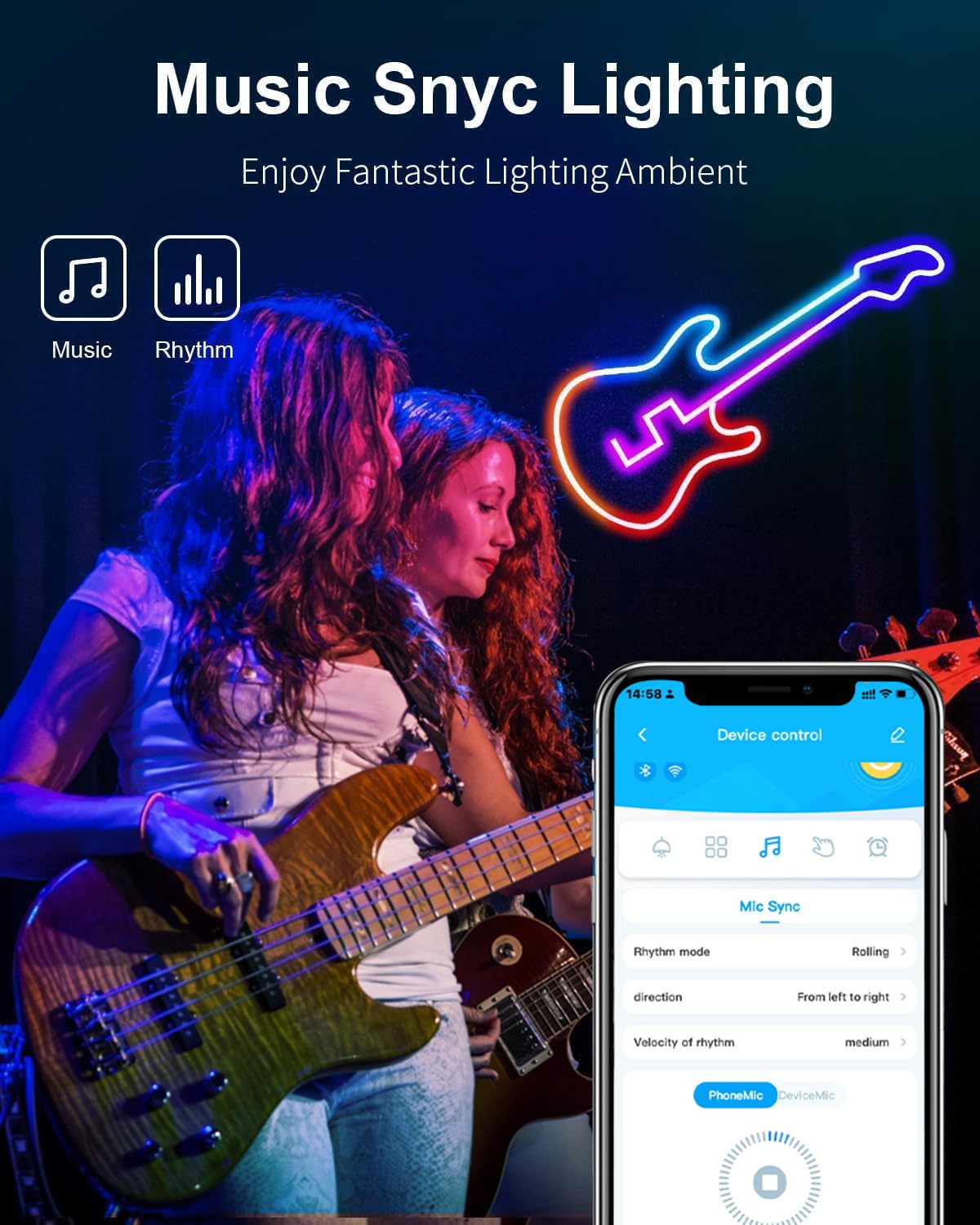 GUPUP Neon Rope Lights, Bluetooth LED Strip, 9.8FT, IP65 Waterproof, Multicolor RGBCW, Music Sync, Remote Control