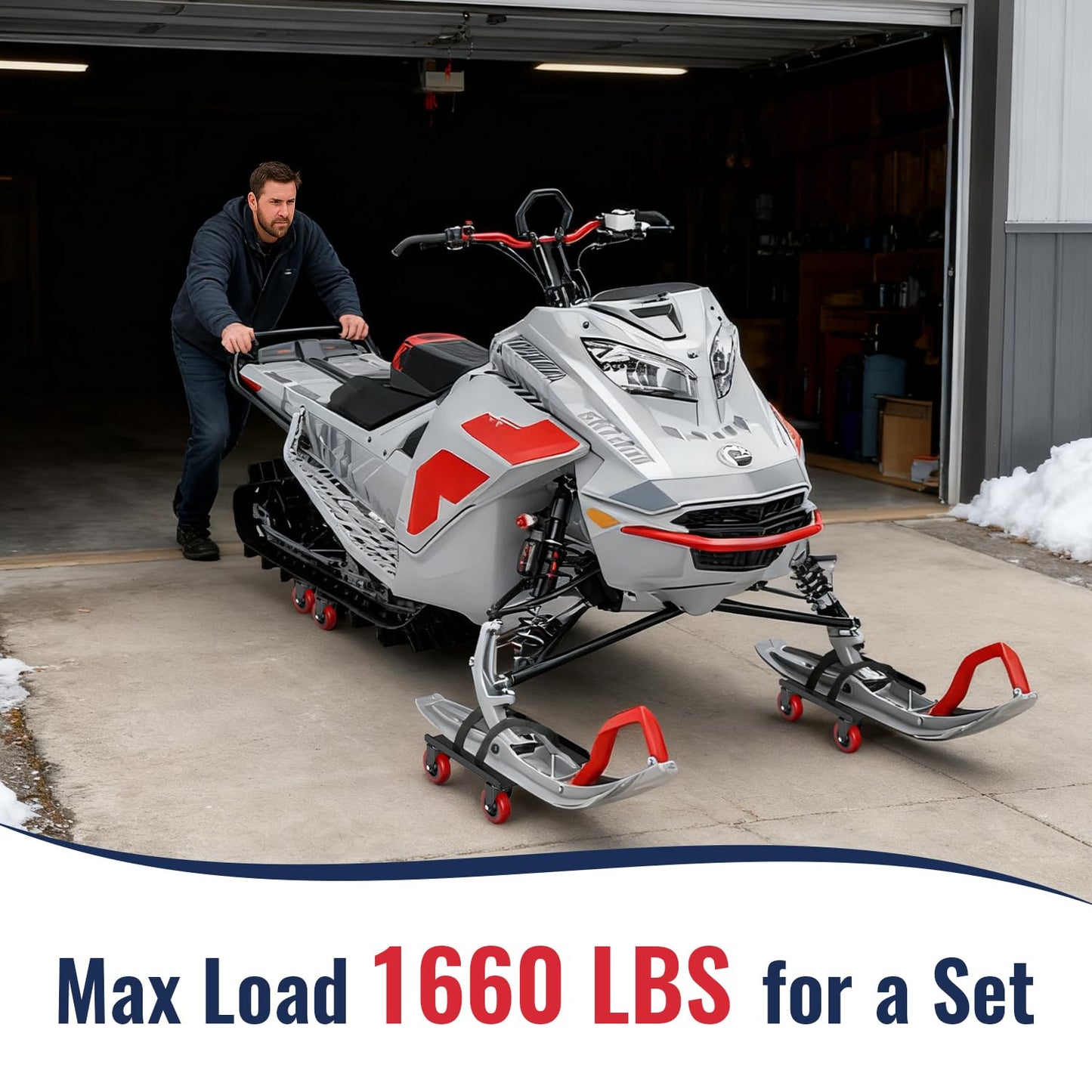 Snowmobile Dolly Heavy Duty with 3 Inch Caster Wheels,Sled Dollies Set of 3 Holding Up to 1660 LBS,V-Slide Steel Dollies with Full Rubber Pad Protecting Ski,and 2 Pairs of Straps Attaching on Skis