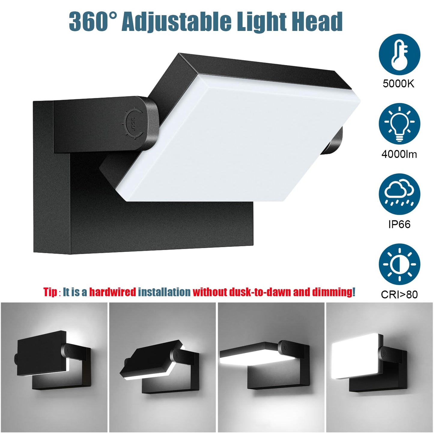 Tomourd 40W Led Wall Light  4000Lm 5000K 360 Wide-Angle Exterior Wall Floodlights  Ip66 Waterproof Commercial Outdoor Wall Mount Fixture Wall Pack Security Ideal Lighting For Garage(4 Packs)