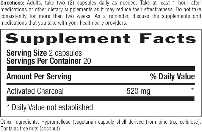 Country Life Coconut Activated Charcoal Capsules, 260mg – Natural Charcoal Supplement for Gas and Bloating Relief - Gluten-Free, 40 Vegan Capsules