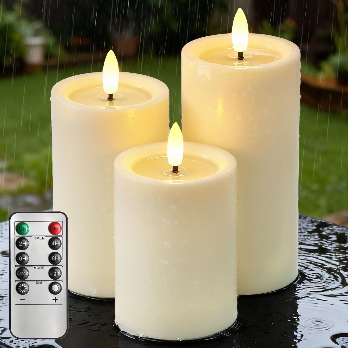 Outdoor Candles with Timer Waterproof, 3PCS 3" x4" 5" 6" Flameless Candles with Remote Battery Operated Candles, Realistic Flame Effect LED Pillar Candles for Fireplace Christmas Patio Centerpieces