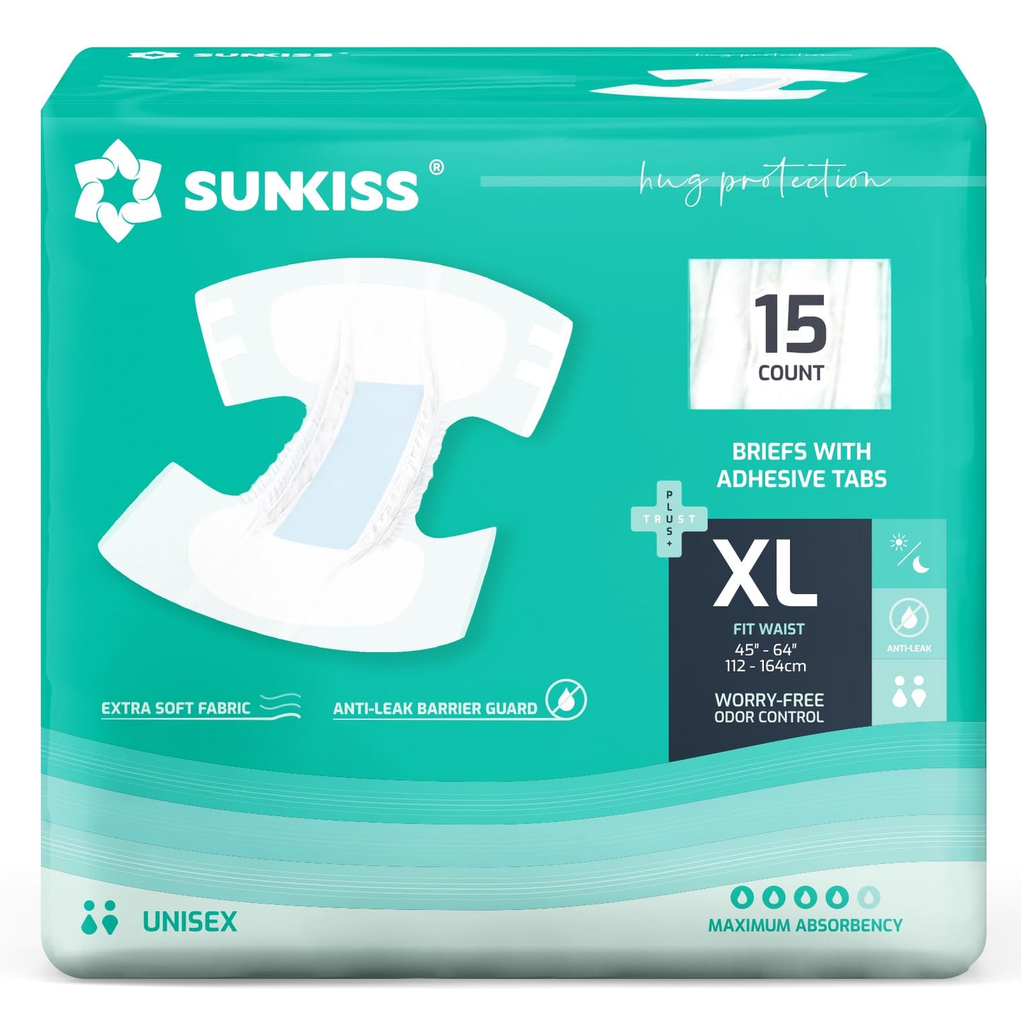 SUNKISS TrustPlus Adult Diapers with Maximum Absorbency, Unisex Disposable Incontinence Briefs with Tabs for Men and Women, Odor Control, XLarge, 15 Count