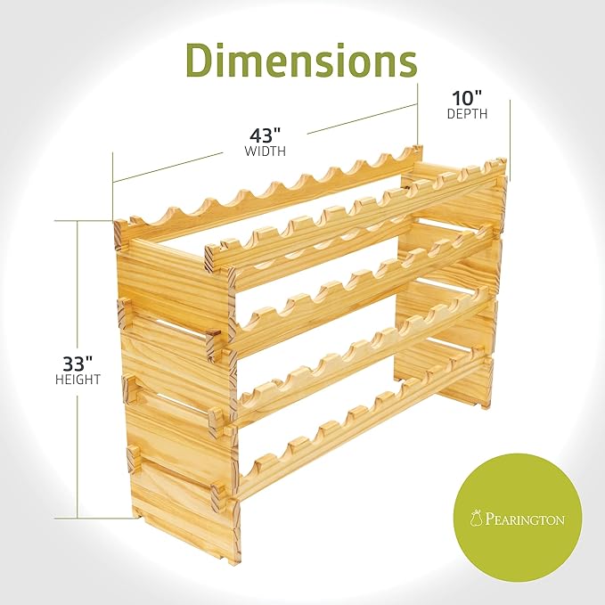 Pearington 36 Bottle Stackable Modular Wine Rack, 4-Tier Solid Pine Wine Bottle Holder, Free Standing Display Shelf, Wobble-Free Shelves for Kitchen, Bar, and Cellar, 10” x 33.5” x 21”