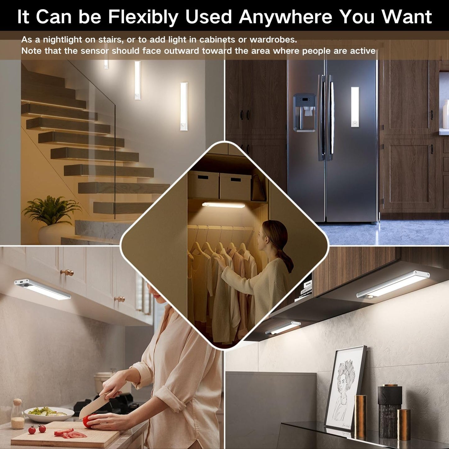 Sanofuturion Motion Sensor Under Cabinet Lighting-Magnetic Rechargeable Closet Lights For Kitchen Stairs Wardrobe | 3-Color Dimmable Led Under Counter Lighting | Pro Battery Upgrade (1  16 Inch)