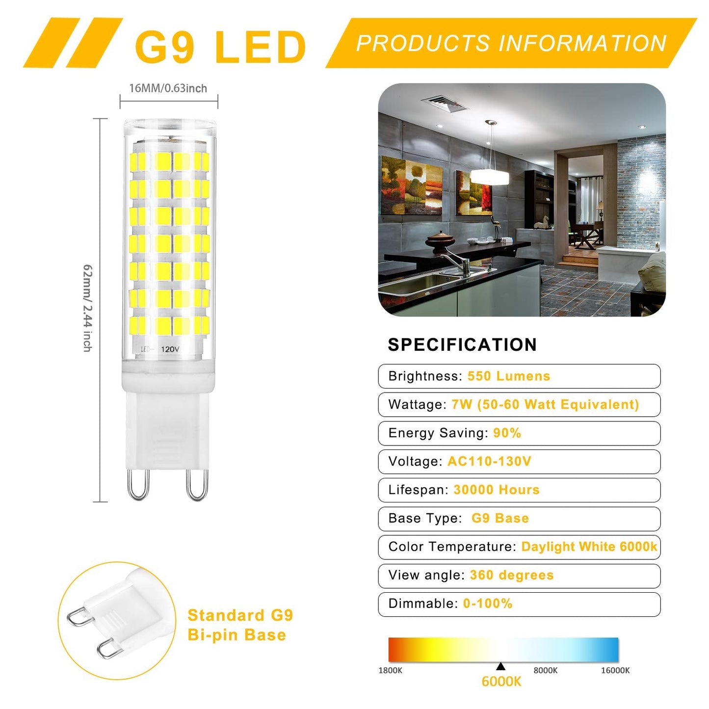 Yuiip G9 Led Light Bulb 7W Dimmable, Daylight White 6000K, 550Lm, 360° Beam Angle, 6 Pack, Non-Flick