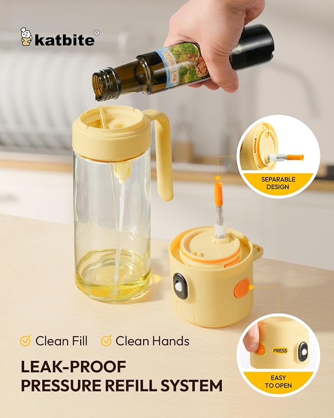 katbite 2 in 1 Oil Sprayer & Pour for Cooking, 18.6 oz(550ml) Glass Olive Oil Dispenser Bottle, One-Touch Open Lid, Non-Drip Leak-Proof Design, Fine Mist(0.5g/Spray) for Air Fryer, Salad, Yellow