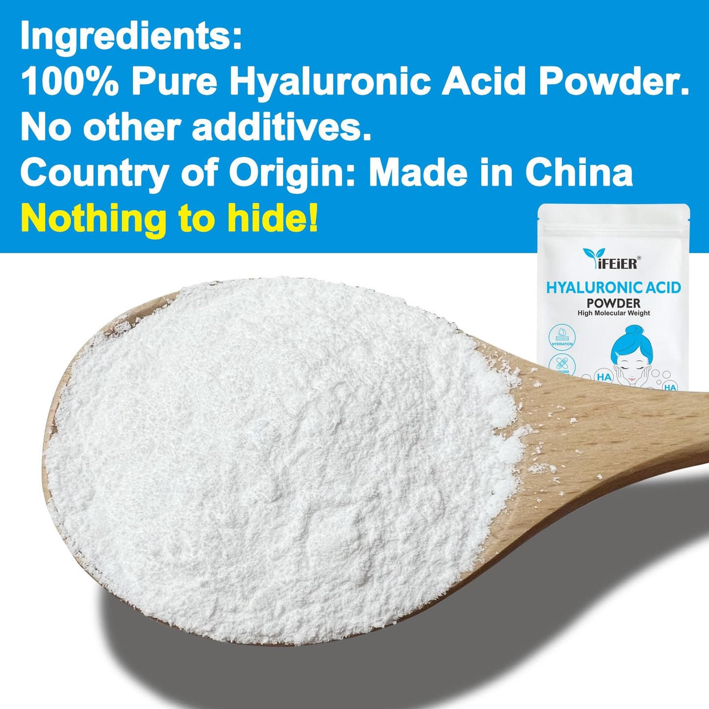 iFEiER Hyaluronic Acid Powder | High Molecular Weight Hyaluronic Acid Serum Powder | 1oz(28.3g) Cosmetics Grade | Sodium Hyaluro