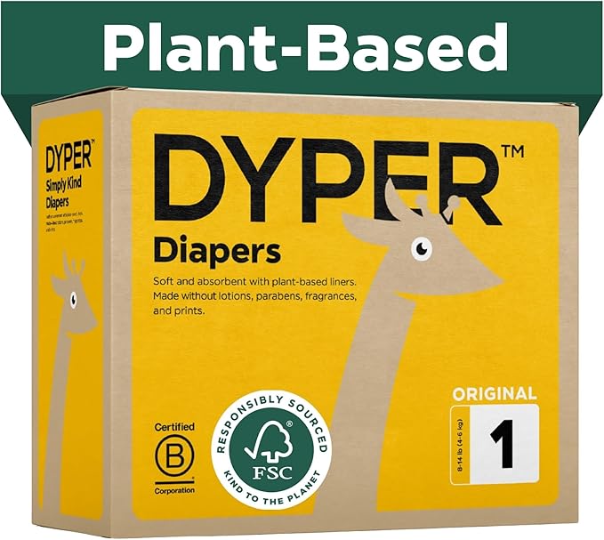DYPER Baby Diapers Size 1 (216 Count) – Plant-Based, Hypoallergenic, Fragrance Free & Ultra Absorbent Disposable Diapers for Day and Overnight Skin Protection, Monthly Pack Size 1 Diapers