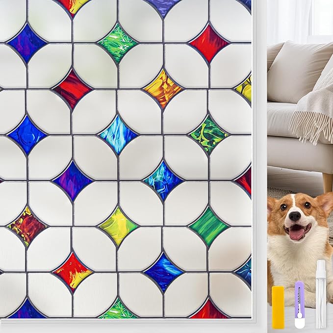 Stained Glass Window Film - Non-Adhesive Colorful Privacy Film | Privacy Protection, Reusable & Renter Friendly | Perfect for Bedroom/Bathroom Room Decor (Frosted Mosaic, 35.4 X 157.4 in)
