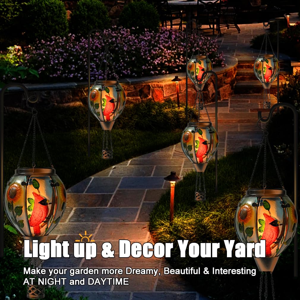 Hot Air Balloon Solar Lantern - Large Cardinal Bird Glass Lantern  Simulated Flickering & Dancing Flame  Big Outdoor Hanging Sunflower Yard Light Waterproof Ip65 For Patio Lawn Porch Decor Gift