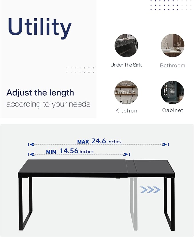 Nxconsu Cabinet Shelf Expandable Organizer Riser Rack for Kitchen Pantry Cupboard Under Sink Countertop Home Organization Extra Storage Space Saver Heavy Duty Metal Edgeless Design Black Extra Large