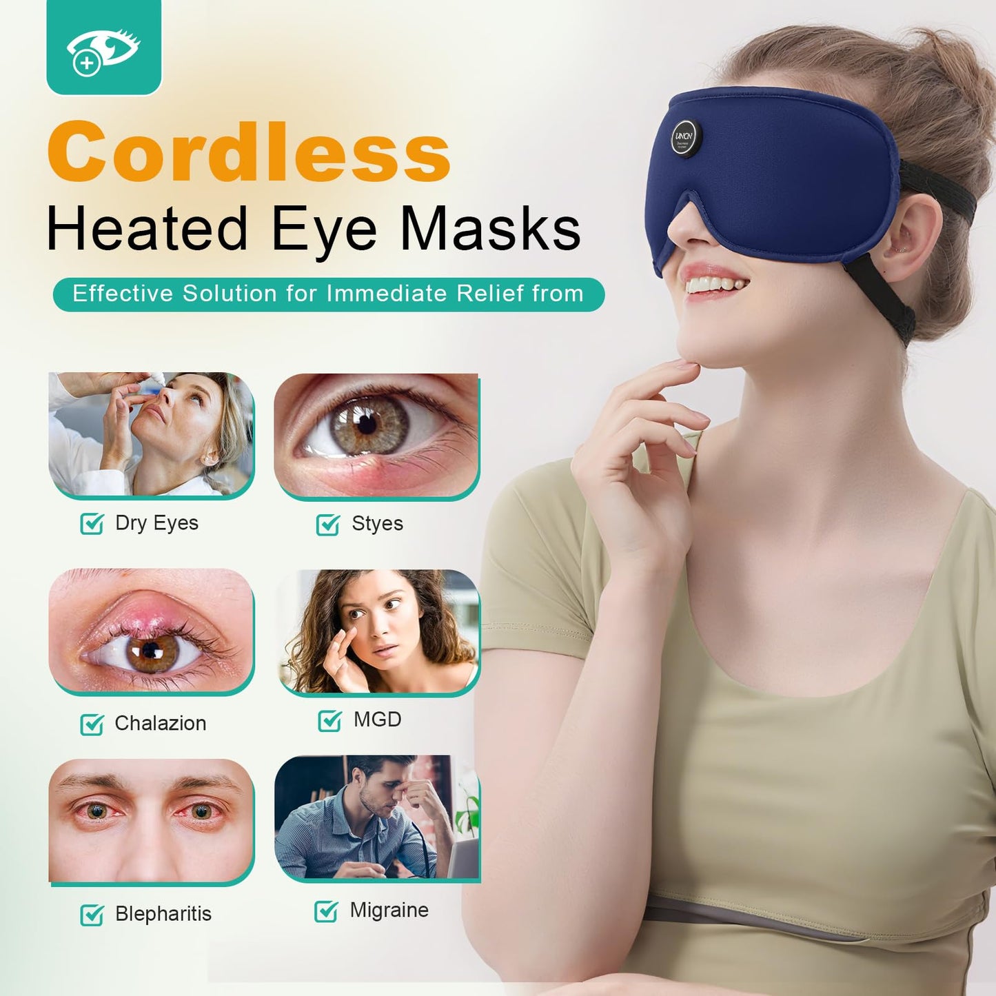 Heated Eye Mask Cordless Warm Eye Compresses for Dry Eyes, Rechargeable Eye Heating Pad with 4 Temperature Settings, Auto Off
