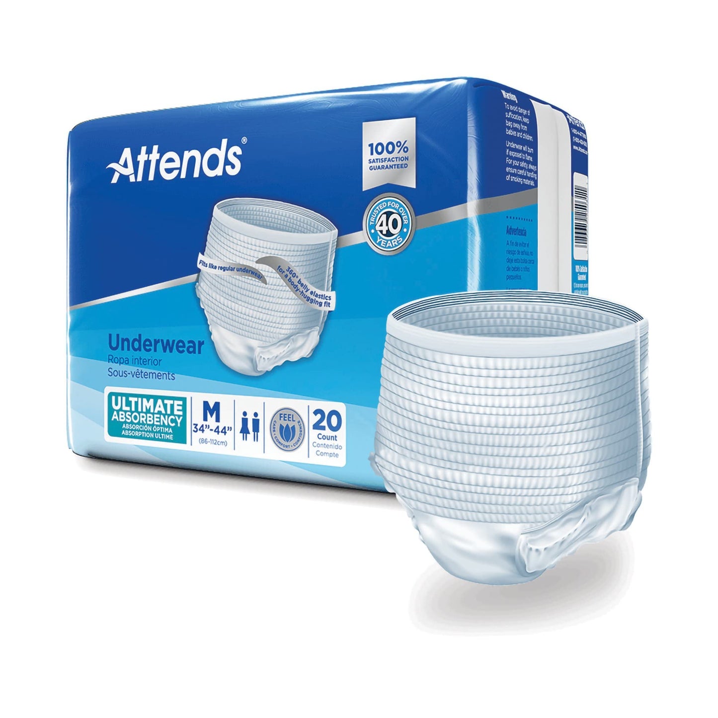 Attends Underwear for Adult Incontinence Care with Quick-dry Channels, Ultimate Absorbency, Unisex, Medium, 20 Count (x4)