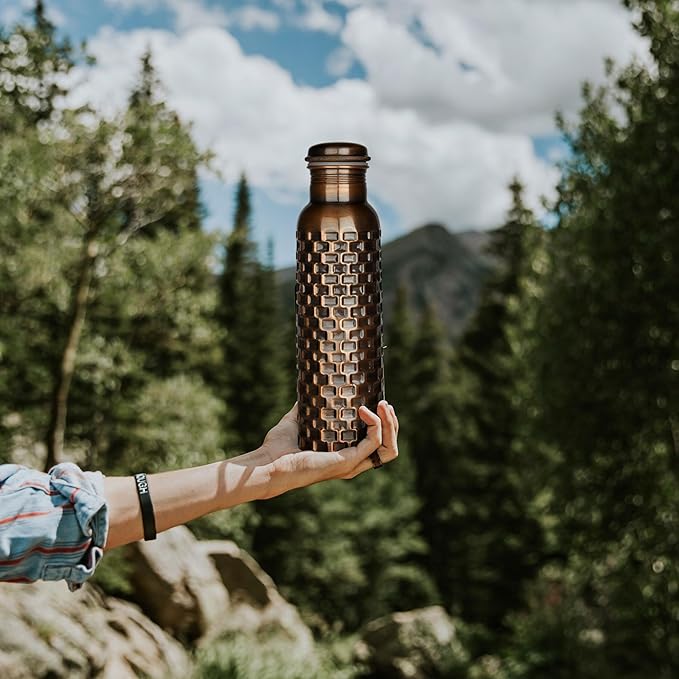 Black Bricks Design Pure Copper Water Bottle for Drinking – Travel Water Bottle for Gym, Office, Hiking, Outdoor – Ayurvedic Water Bottle Joint Less Leak Proof