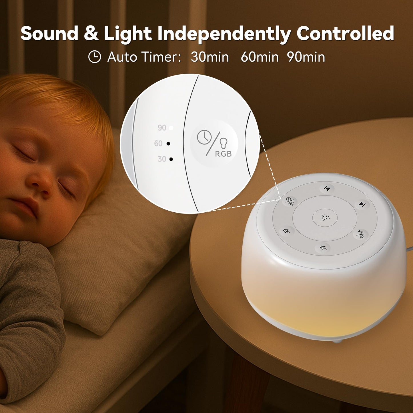 HEYAXA White Noise Sound Machine with 7 Colors Night Light 34 Soothing Sounds, Portable Sound Machine for Baby Adults Kids Sleep with 30 Volume Levels 4 Timers Adjustable Brightness (White)