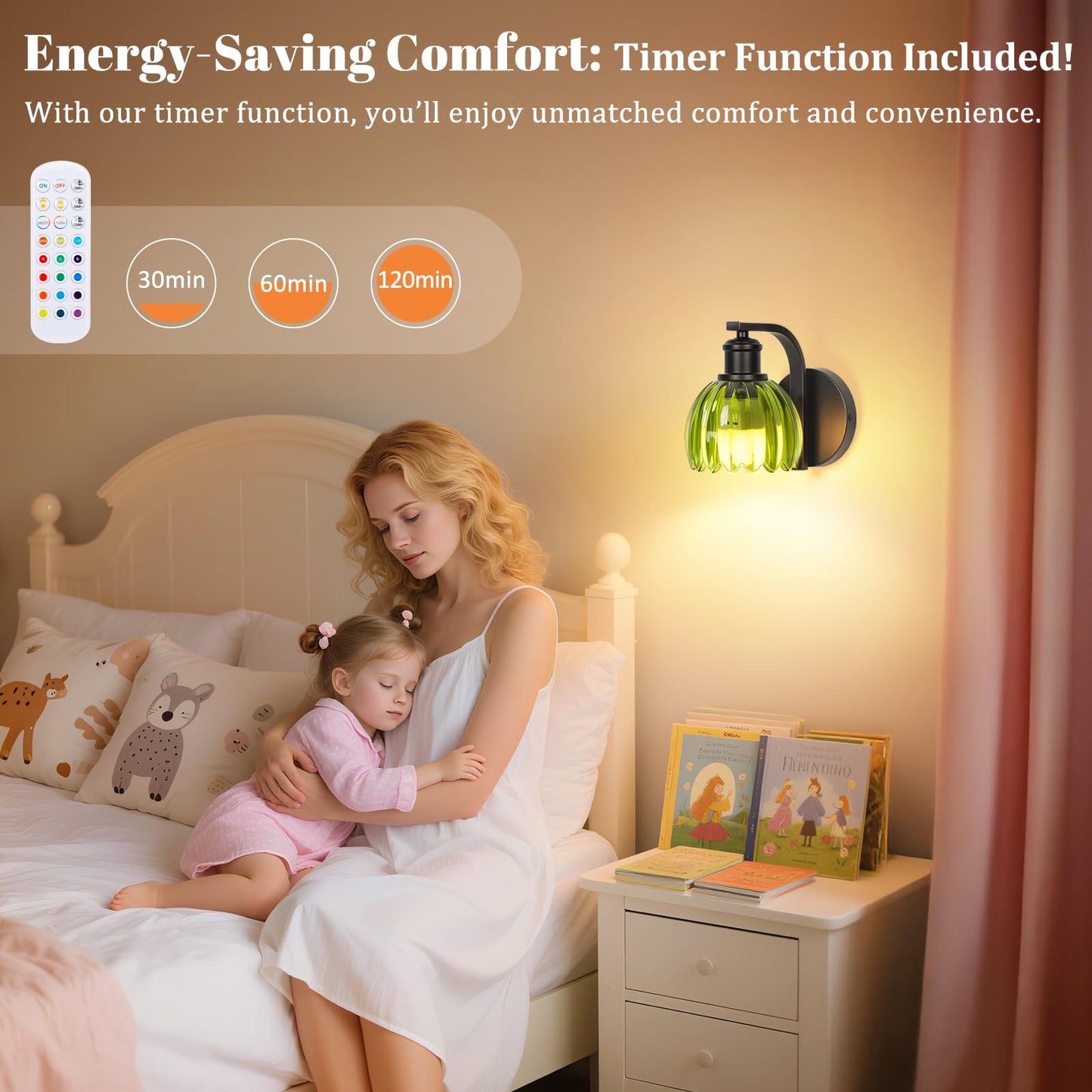 VerRon Rechargeable Wall Sconce Set of Two, Green Glass Lampshade, Wireless, Remote Control, 15 Colors, 2-Pack, Model B05092P(2PK)