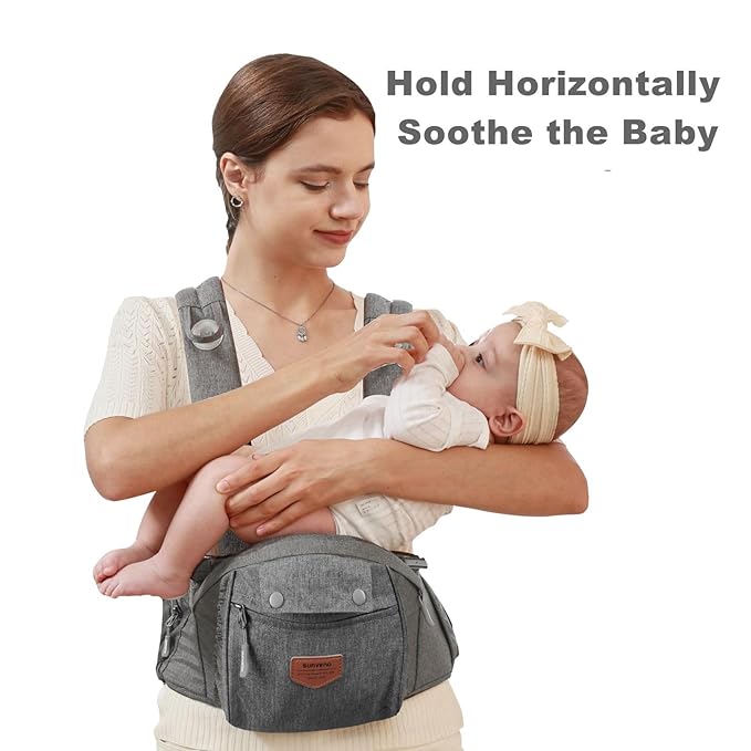SUNVENO 3 in 1 Ergonomic Baby Carrier with Hip Seat for Newborns and Toddlers, Supports 20 lbs and Up, Waist and Back Relief with Large Weight Capacity for All Season Use, Grey