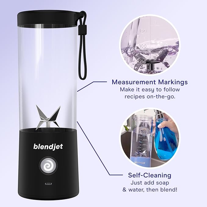 BlendJet 2 Portable Blender for Smoothies & Shakes - BlendJet Cordless Personal & Small Blender, USB-C Rechargeable & Self Cleaning - (Black, 16 oz.)