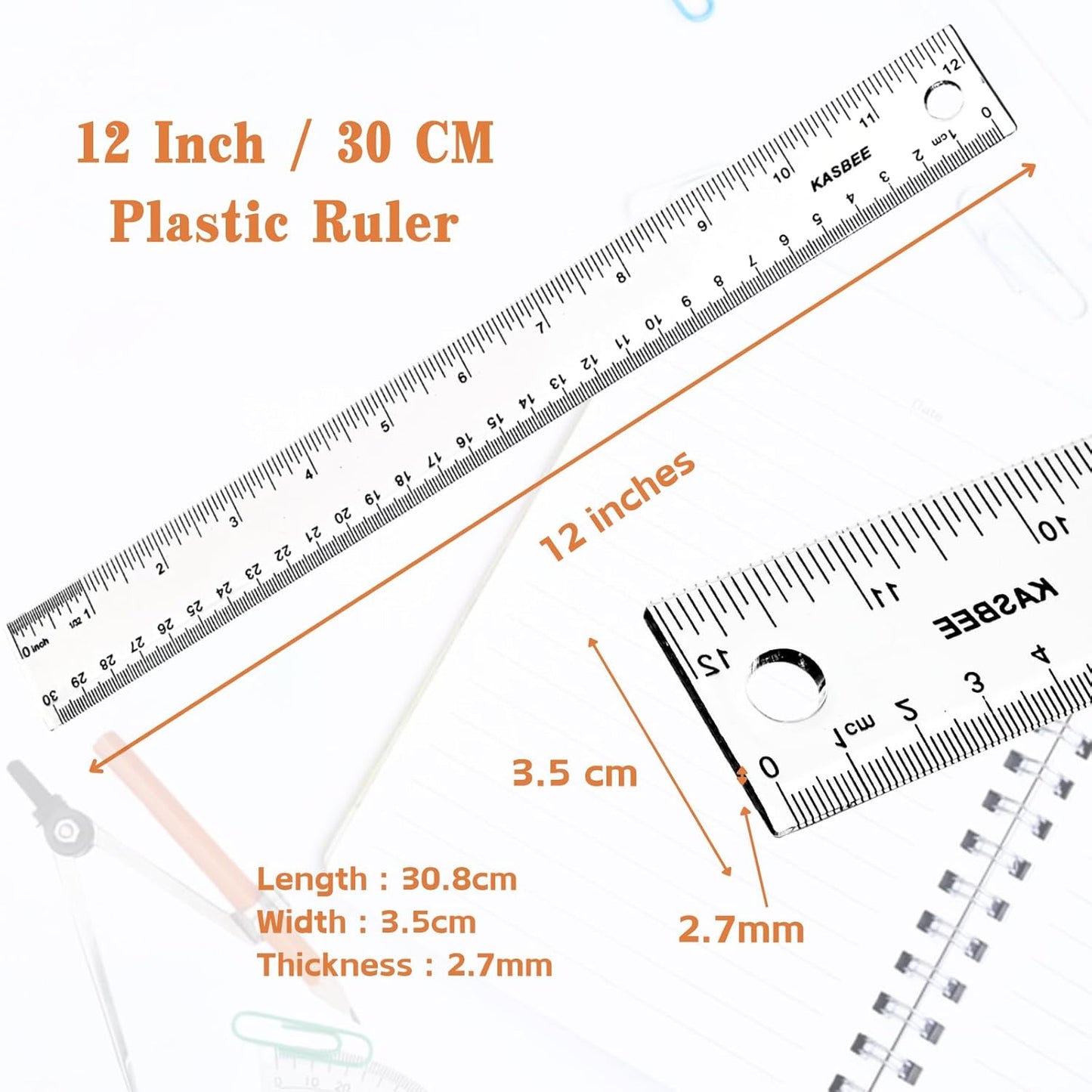 Plastic Ruler 12 inch, Clear Rulers with Hanging Holes, Inches, Centimeters, Millimeters, Straight Measuring Tools for Students, School and Office, Pack of 2