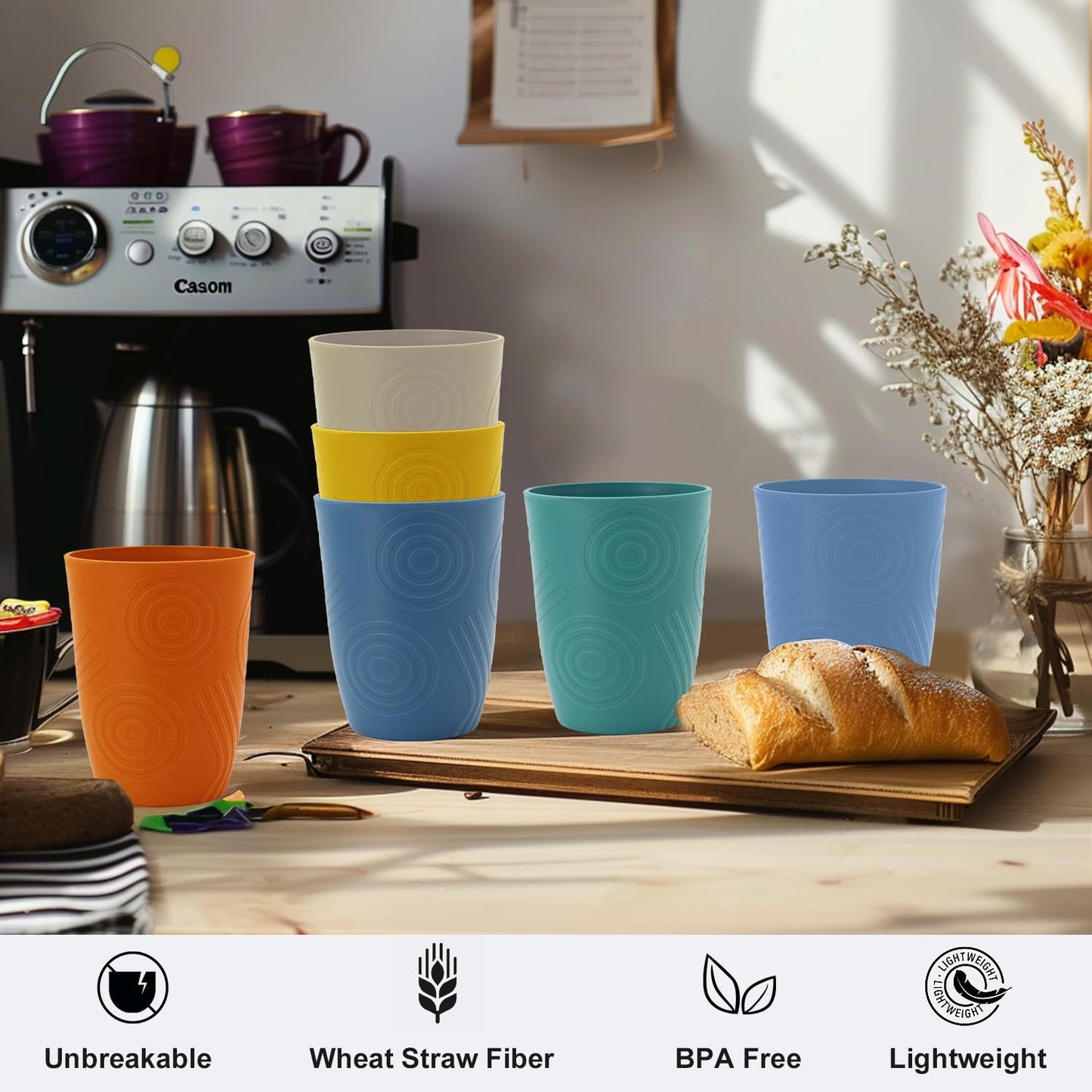 BUSOKIP 12 oz Wheat Straw Cups Set of 6, Alternatives to Plastic Cups Reusable, Unbreakable Drinking Glasses, Dishwasher Safe Drinking Cup, Small Water Cup for Kitchen (Multicolor)