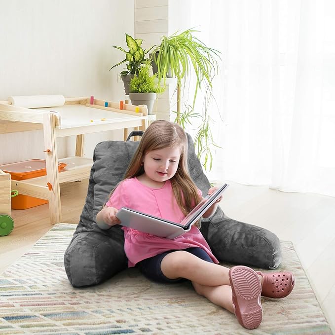 Nestl Reading Pillow Standard Bed Pillow, Back Pillow for Sitting in Bed Shredded Memory Foam Chair Pillow, Reading & Bed Rest Pillows Grey Back Pillow for Bed, Bed Chair Arm Pillow with Pockets