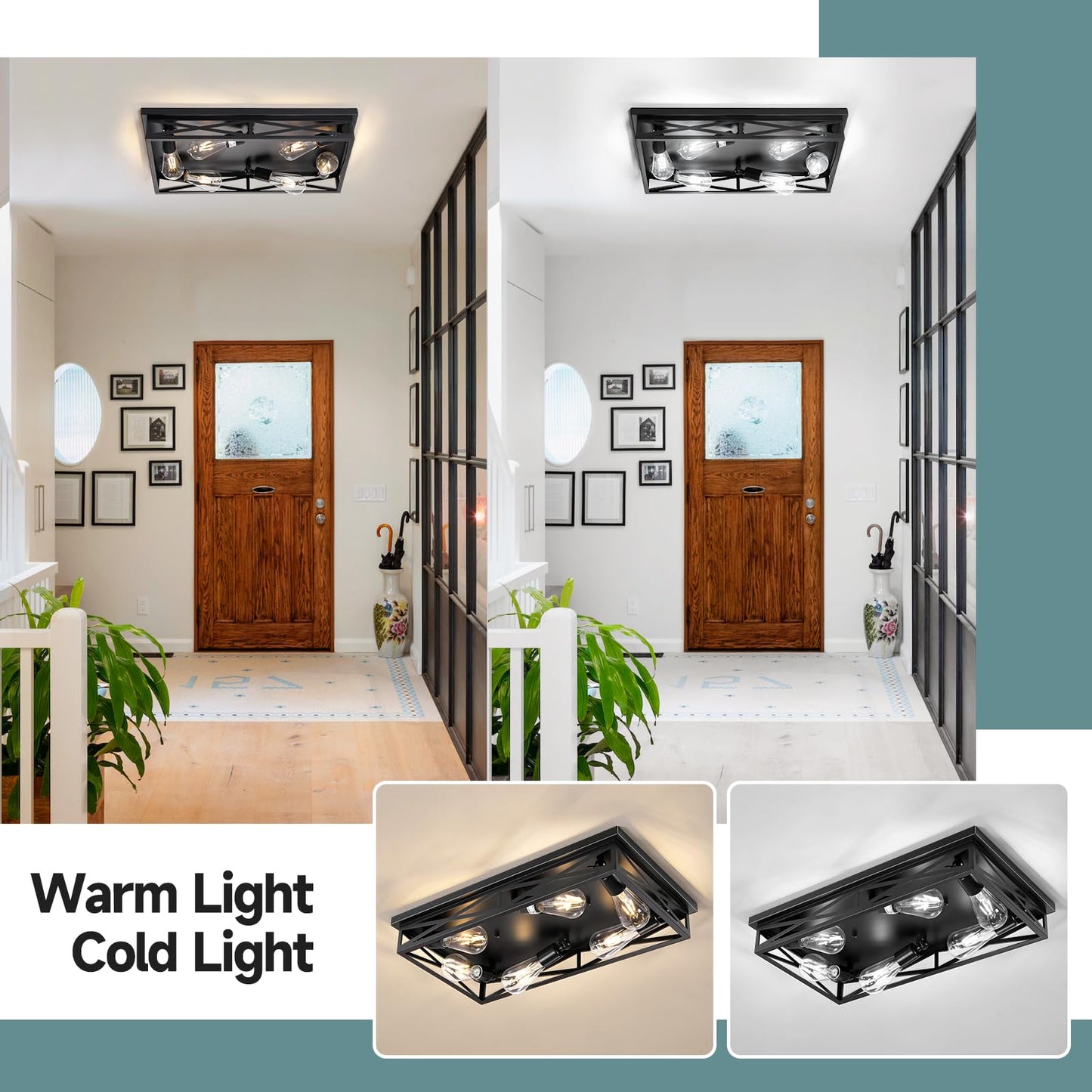DIKAIDA 6-Light Flush Mount Ceiling Light Fixture, Black Metal Cage, 23in for Kitchen, Hallway, Entryway