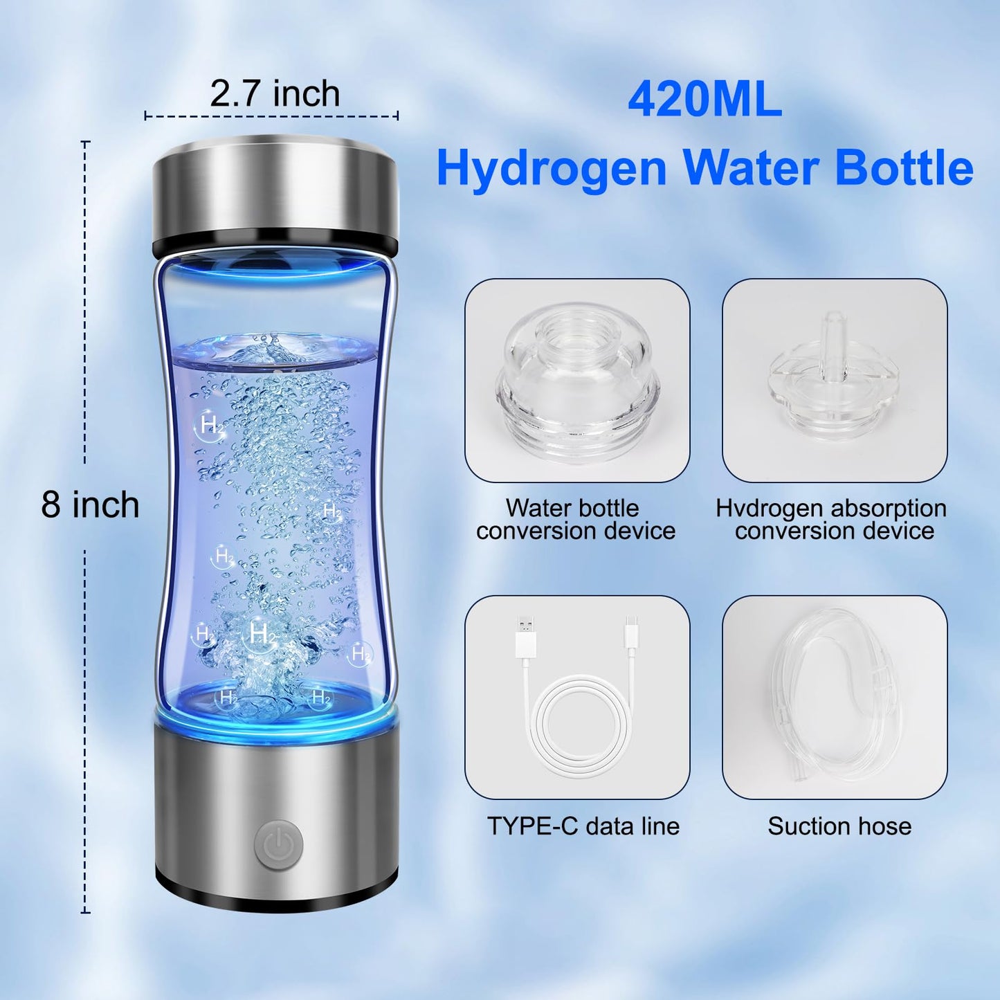 2025 Portable 4000PPB Hydrogen Water Bottle Generator, SPE PEM Tech Glass Ionizer Machine 420ml for Home, Office, Travel, Fitness – Health Benefits with USB-C Charging