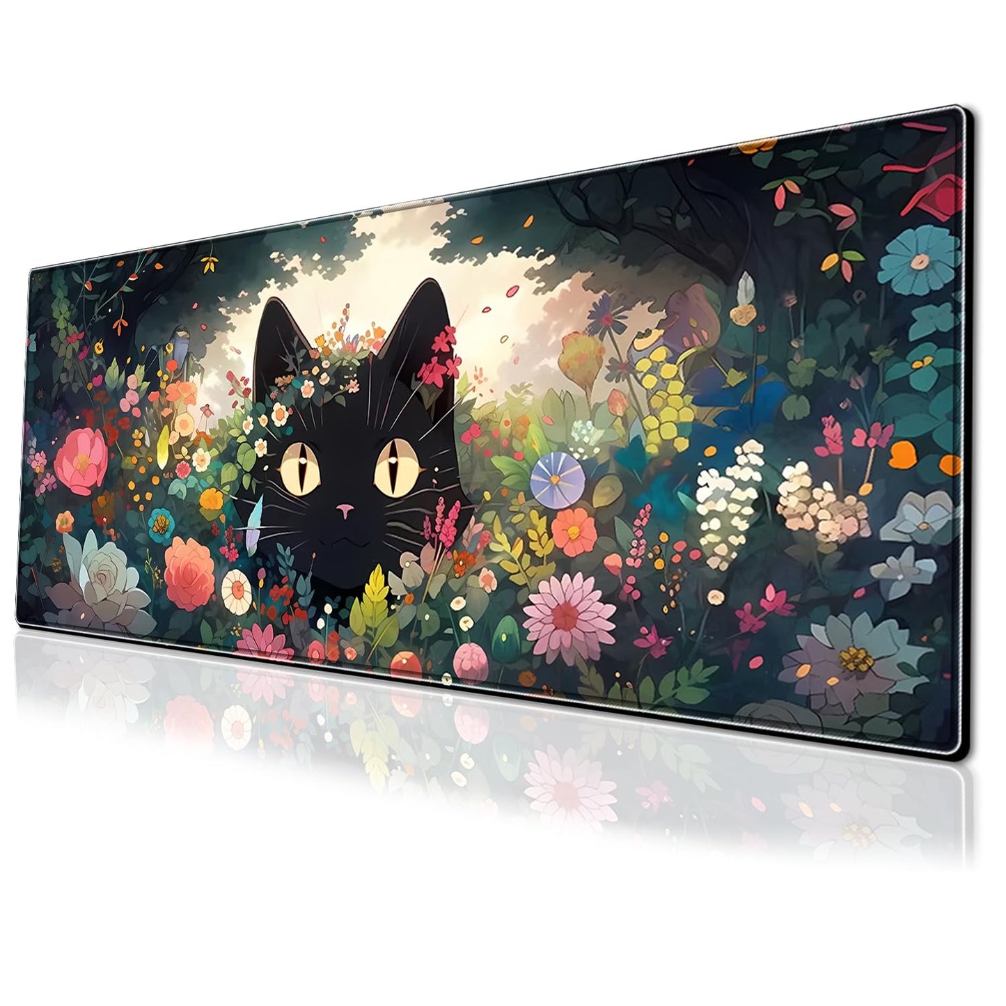 Black Cat Gaming Mouse Pad Colorful Flower Large Desk Mat, 31.5x11.8 Inch Mousepad Extended Non-Slip Rubber Base Keyboard Mat with Stitched Edges for Desk Home Office