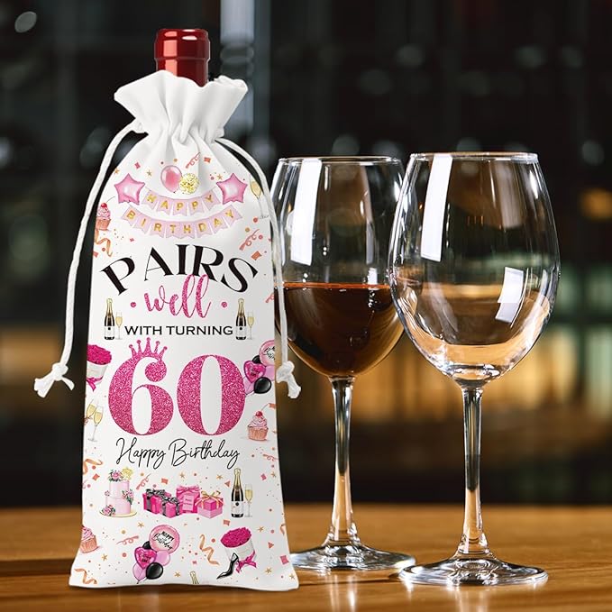 60th Birthday Gifts for Women Men Wine Bag, Cool Birthday Gifts for 60 Year Old Woman, 60th Birthday Party Decorations for Woman Men, Pairs Well with Turning 60 Wine Bags (White Pink)