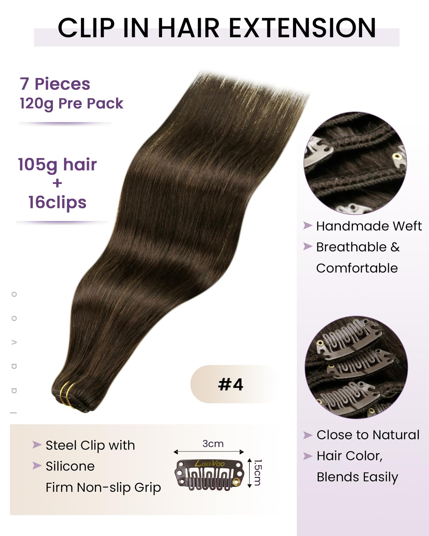 LaaVoo Human Hair Clip in Extensions Brown Clip in Hair Extensions Real Human Hair Medium Brown 16 Inch Hair Extensions Clip ins