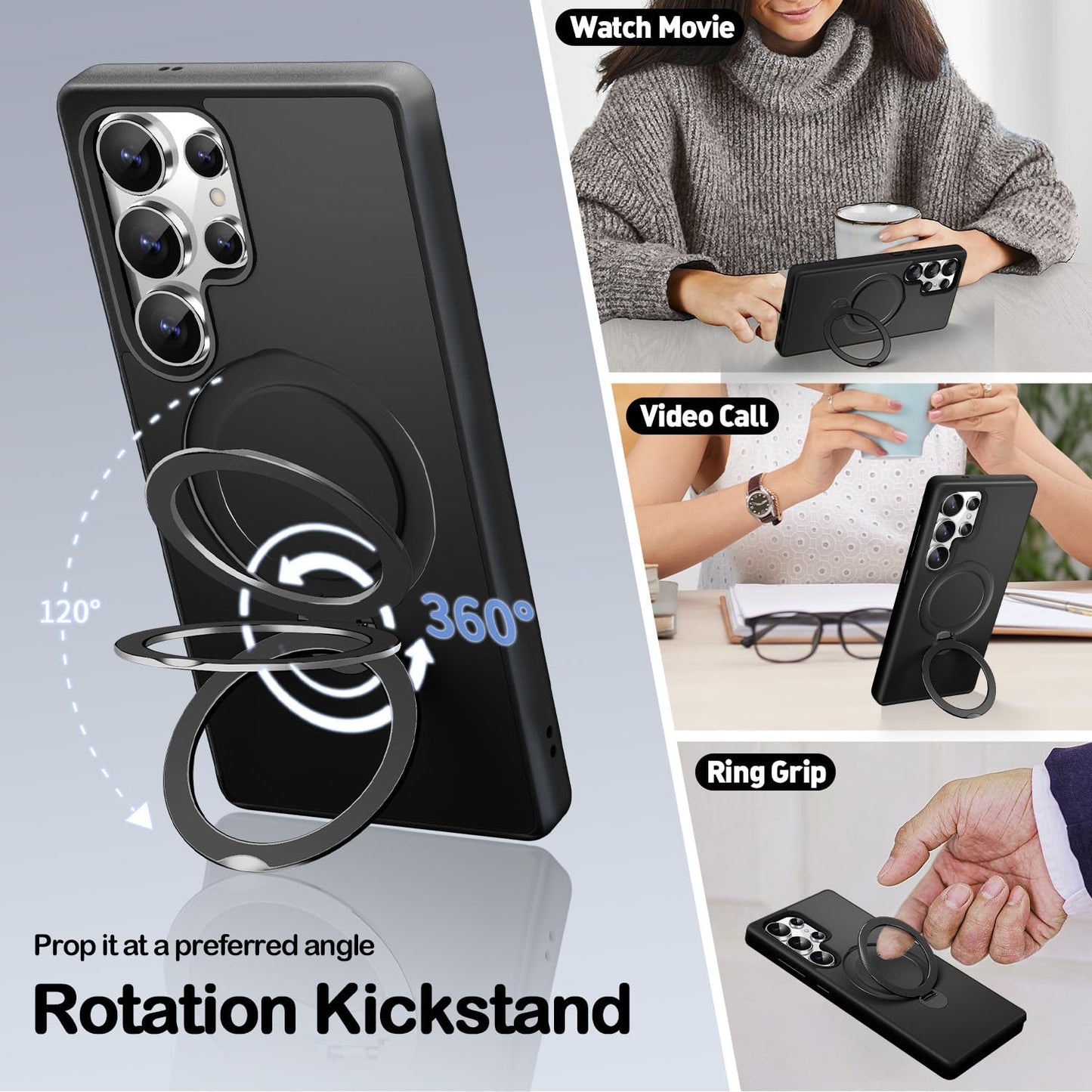 3-In-1 [360 Spin Stand+Magnetic+Ring Holder] Case For Samsung Galaxy S24 Ultra Fit For Magsafe, Military Grade Protective, Trans