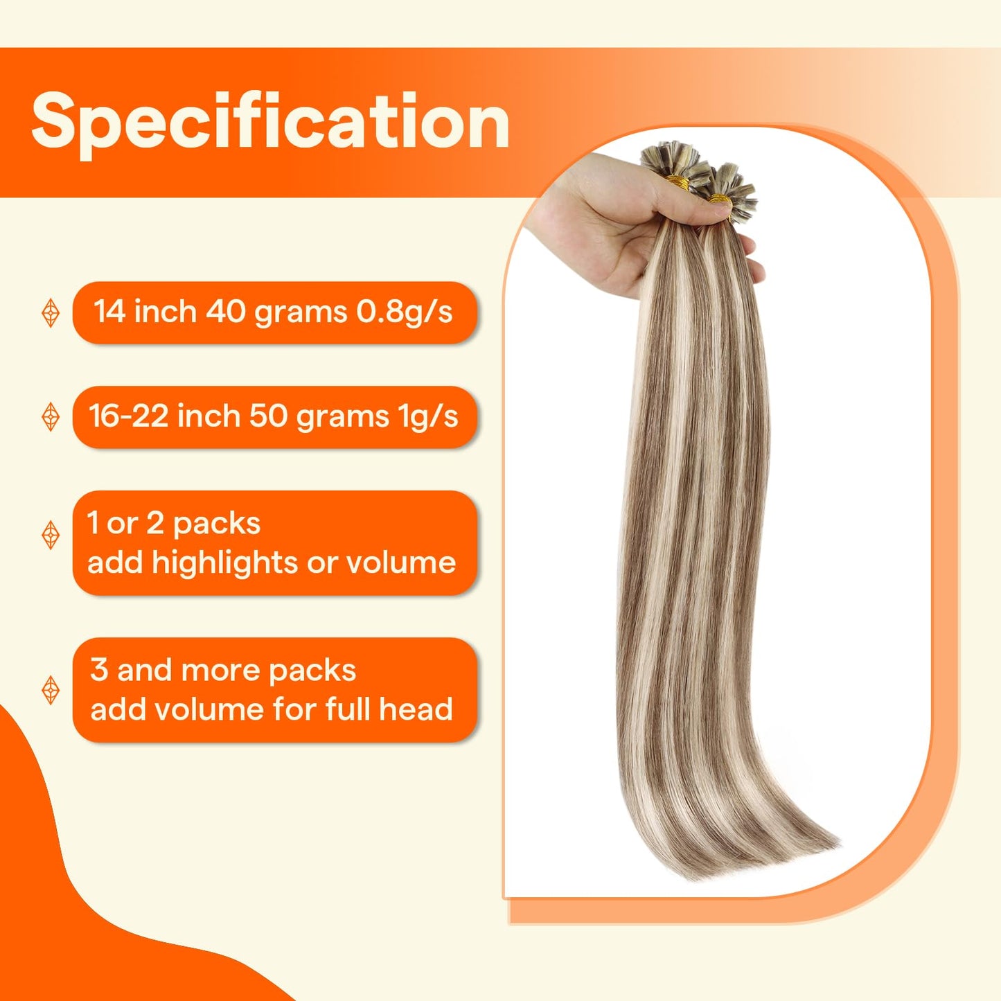 Full Shine U Tip Hair Extensions Real Human Hair 22 Inch Keratin Tip Hair Extensions Human Hair Brown with Blonde Highlight Fusi