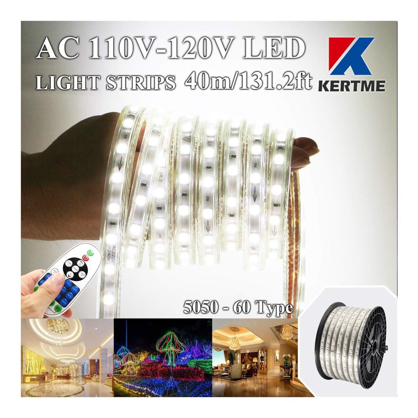 Kertme 5050-60 Type Led Strip Lights, Waterproof & Dimmable, 40M/131.2Ft, White 6000K, Flexible With 23 Keys Remote