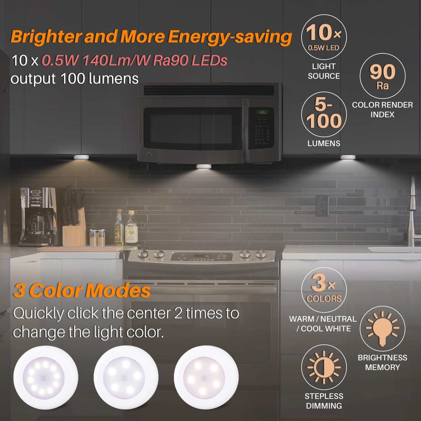 Star-Spangled 4 Pack 3.1  Dimmable Push Tap Lights  Stick On Led Touch Puck Lights Aa Battery Operated  3 Color Modes Sticky Button Lamps For Classroom  Kitchen  Under Cabinet  Closet