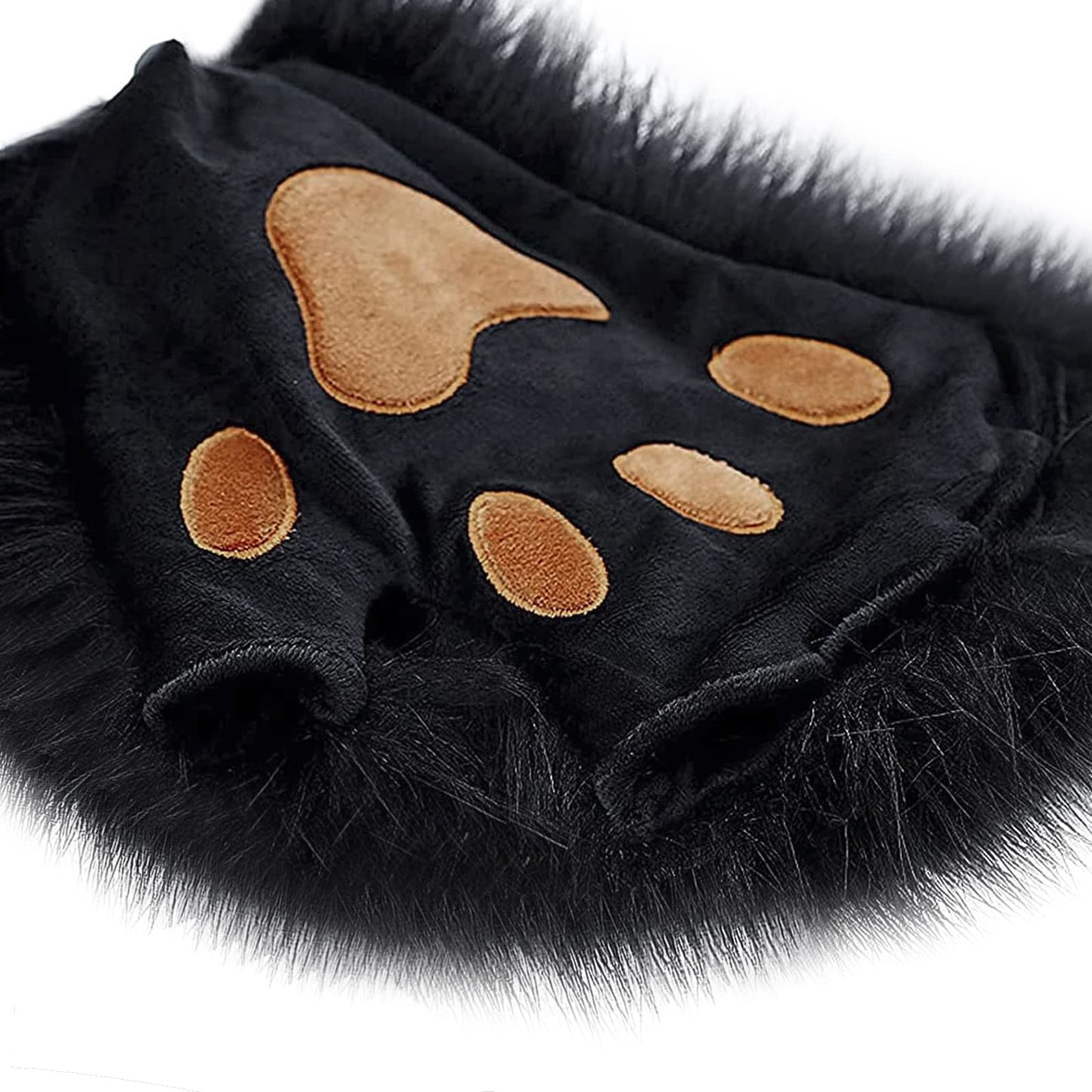 Fuzzy Faux Fur Paw Gloves, Women Men Halloween Costume Bear Cat Claw Mittens Cosplay Party Wolf Dog Paw Gloves Dress Up Props Winter Thick Warm Plush Half Finger Mitts Hand Warmer Black
