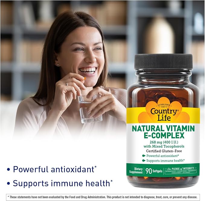 Country Life Natural Vitamin E-Complex - Support Immune Health - 400 IU Softgels with Four Tocopherols - Powerful Antioxidant for Oxidative Stress - Vitamin E Oil for Skin - 90 Softgels