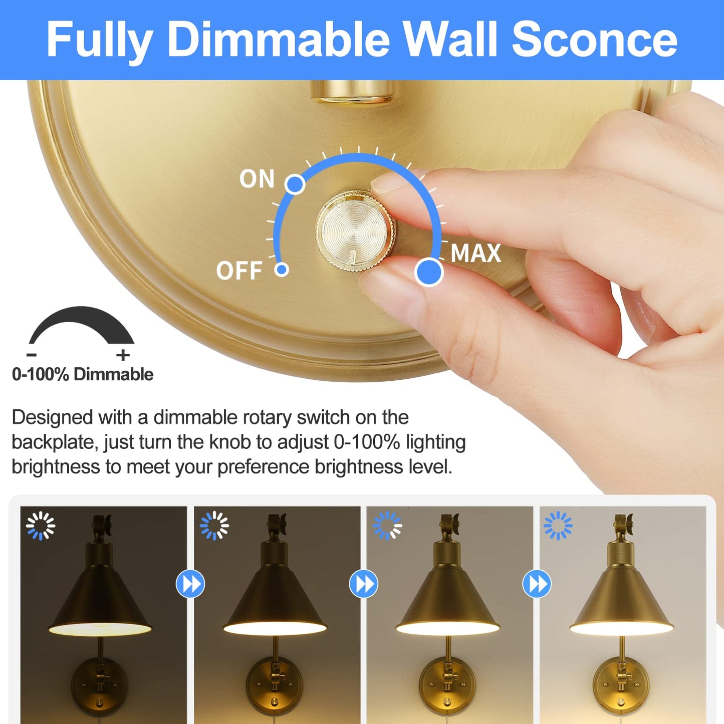 TRLIFE Wall Sconce, Brushed Brass, Dimmable, Swing Arm, E26 Base, Plug-in, 1 Pack