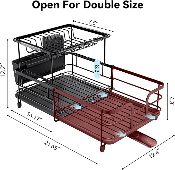2 Tier Dish Drying Rack, Expandable Two Tier Dish Rack for Kitchen Counter, Extendable Over The Sink Dish Drainer, Large Multifunctional Dish Strainer with Removable Top Shelf for in Sink Use, Black