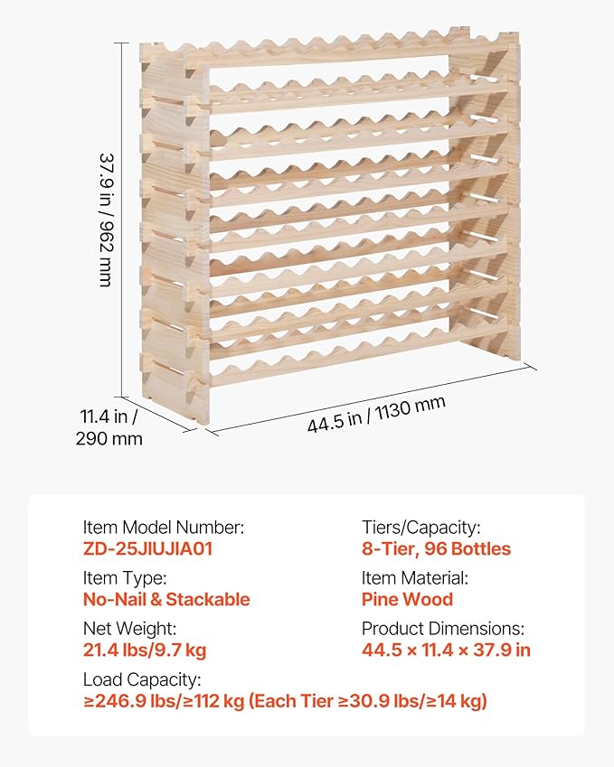 VEVOR 96 Bottle Stackable Modular Wine Rack, 8-Tier, Floor Freestanding Wine Storage Rack, Solid Wood Wines Display Shelf, Wobble-Free Shelves, Easy Assembly, for Kitchen, Cellar, and Bar, Natural