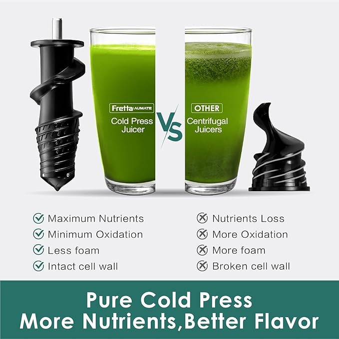 Fretta Juicer Machines, Cold Press Juicer, BPA Free Masticating Juicer Machines Vegetable and Fruit, 3-Inch Wide Feeding Chute, Easy to Clean,Quiet and Strong DC Power, 200W(Black)