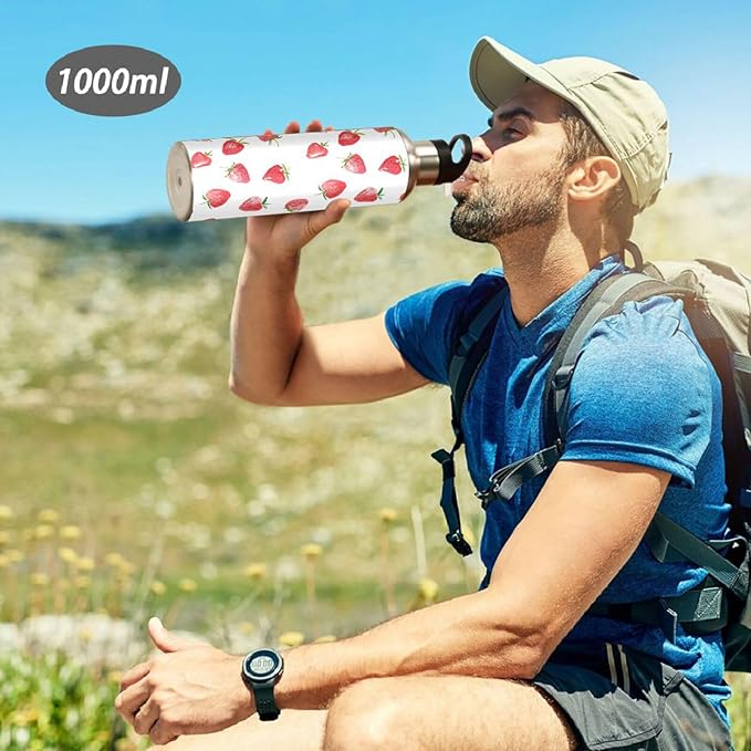 ALAZA Watercolor Strawberries Fruits Water Bottle With Straw Lids Boys Girls,Vacuum Insulated Leakproof Stainless-Steel Sports Bottle Thermal Flask For Gym Yoga Camping,20Oz (600Ml)